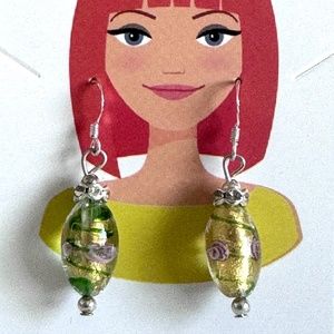 Yellow and Pink Murano Glass Long Oval Silver 9.25 Silver Hook Earrings Item#304